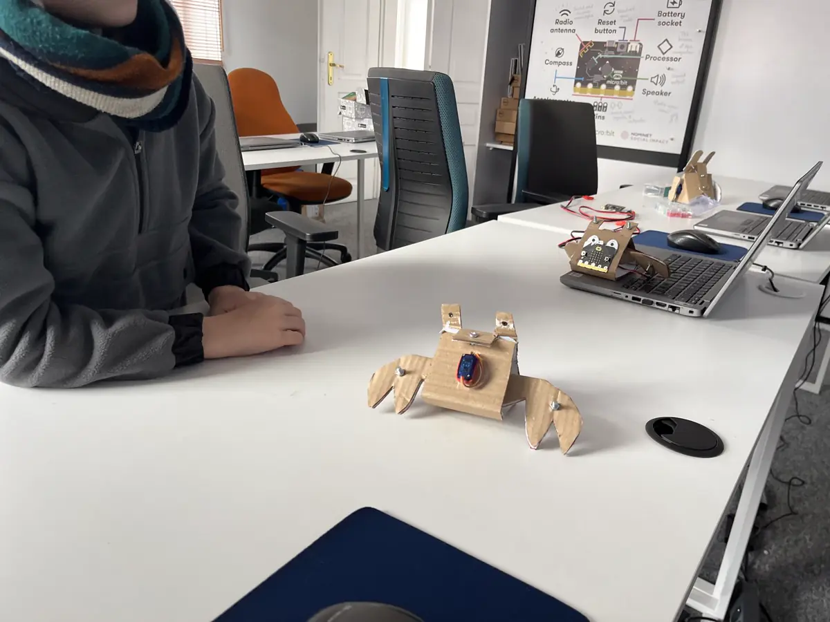 Roboty LOFI Cardboard Krab i Kura zbudowane na warsztatach robotyki JuniorAI - micro:bit, serwomechanizmy i karton