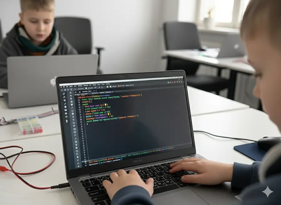 Nastolatek programuje w Pythonie na laptopie — warsztaty JuniorAI PYTHON