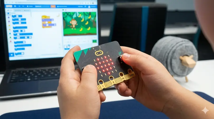 micro:bit jako kontroler do gry w Scratchu — dzieci sterują grą przechylając płytkę