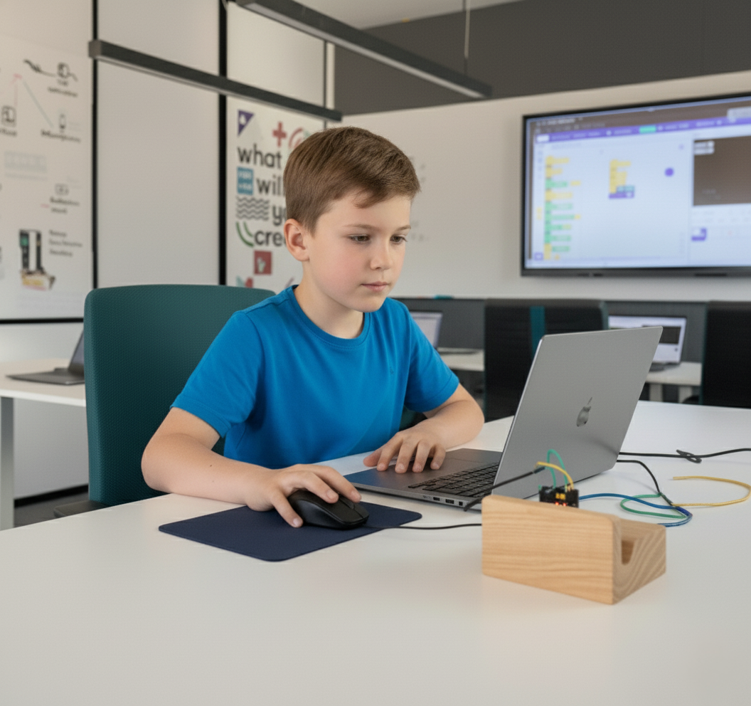 Alek, 7 lat - najmłodszy uczeń JuniorAI, pierwsza animacja w Scratch
